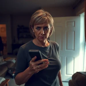 Abusive military spouses GA: shocking truths you won’t believe, stern middle-aged person holding a phone in a dimly lit home, conveying confrontation and tension.
