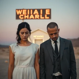 Anonymous couple regrets quick Nevada wedding: shocking reasons — solemn bride in white dress and groom in suit standing outside a small desert chapel at dusk