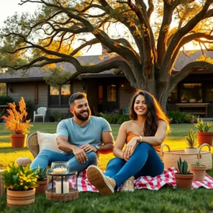 Smiling couple relaxing on a picnic blanket in a sunlit backyard, Better to cohabitate than marry Texas: Shocking truths revealed