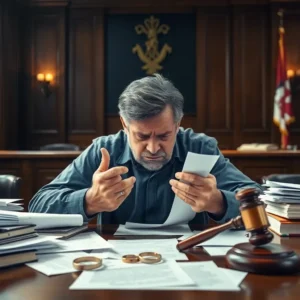 A distressed man reading divorce documents at a courthouse desk with a gavel and wedding rings, California divorce laws unfair: shocking truths that could cost you