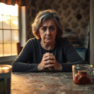 Older woman sitting at a table with hands clasped and a worried expression, Can’t afford divorce Georgia? Shocking secrets to save thousands