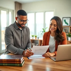 Smiling couple reviewing documents and signing forms to Choose power of attorney domestic partner California: what you must know.