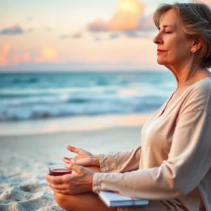 Woman meditating on a tranquil beach with a journal and cup, coping strategies for anxiety after divorce in Florida revealed