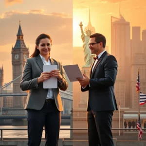 Two professionals exchanging documents before Big Ben and the Statue of Liberty illustrating Difference civil partnership and marriage UK vs USA: shocking truths.