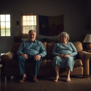 Older couple sitting quietly on a couch in a dim living room illustrating Divorce after 1 year Texas: shocking truths no one tells you