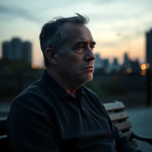 Pensive middle-aged man sitting on an outdoor bench at dusk, reflecting on the Effect of divorce on men’s mental health USA: shocking truths