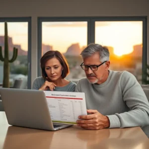 Mature couple reviewing retirement papers on a laptop with a desert cactus backdrop, concerned about Effect of divorce on retirement accounts Arizona: the hidden truth