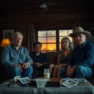 Four solemn adults seated in a dim living room with scattered photographs and a sunset window, evoking Family ruined by marriage Texas: shocking truths you won’t hear.