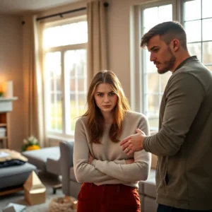 A woman with arms crossed and a man gesturing in a sunlit living room while the fiancé interrupts your boundaries in Pennsylvania: warning signs.