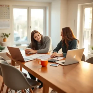 Two partners at a table with laptops, papers and a calculator discussing Financial planning for unmarried couples USA: secrets you can’t miss.