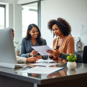 Two professionals reviewing documents at a desk in an office setting illustrating Health insurance options for domestic partners in Washington: what to know.