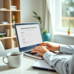 Hands typing on a laptop filling an online form titled How to dissolve domestic partnership online in Ohio: easy steps.