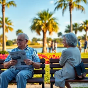 How divorce affects elderly couples’ social life in Florida: what you must know, shown by two older adults seated apart on a sunny palm-lined park bench, one reading a newspaper