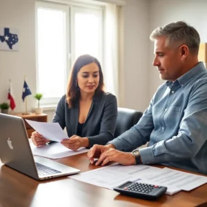 Two adults reviewing paperwork and a laptop while considering how to file taxes separately as domestic partners in Texas