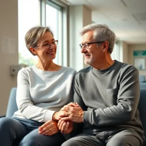 Older couple holding hands in a hospital waiting area illustrating How to secure hospital visitation rights for domestic partners in NY.