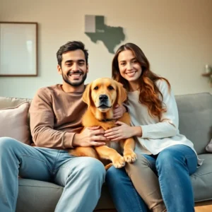Young smiling couple on a couch holding their dog beneath a Texas silhouette illustrating How to protect pet ownership for unmarried couples in Texas: what courts won’t tell you.