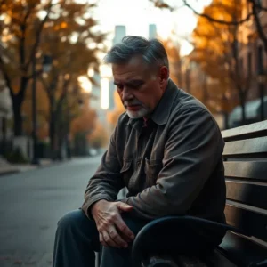 Contemplative older man sitting alone on a bench in an autumn urban street, appearing reflective and remorseful — Husband regrets marrying for citizenship Illinois: shocking truths