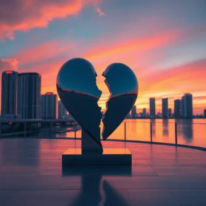 Broken heart sculpture on a waterfront terrace with the Miami skyline at sunset, symbolizing Miami divorce rate 2025: shocking trends that could change everything.