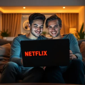 Two men smiling on a sofa watching Netflix on a laptop, representing Netflix couples subscription without marriage tax exemption: reasons to rethink marriage.