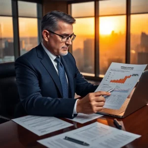 Business professional in an office studying a report that highlights Percent increase in spousal support New York 2024: what to know with a prominent 20% upward bar graph.