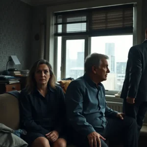 Real story unhappy marriage in New York: the truth no one tells, older couple sitting apart on a couch in a dim apartment with tense expressions and a third figure near the window
