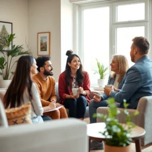 A small group in a bright living room sharing conversation and support, illustrating Relationship counseling for unmarried couples in Colorado: what you’re missing.