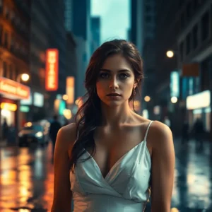 Woman in a white dress standing on a neon-lit wet city street at night, Rushed marriage regrets NY: shocking truths couples hide.