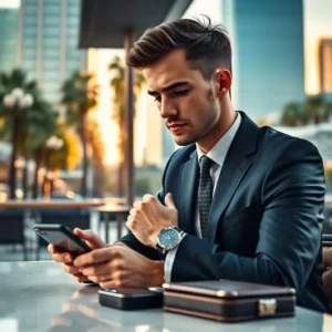 A pensive man in a suit checks his phone at an outdoor urban cafe, illustrating Signs fiancé is secretive about family money California: what you must know.