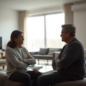 Middle-aged couple sitting across from each other with crossed arms in a living room, illustrating Silent divorce living in same house GA: shocking truths revealed