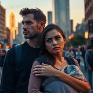 A concerned young woman holding an infant carrier with a distant partner behind her on a bustling city street, Marriage regret and childcare choices in New York revealed.