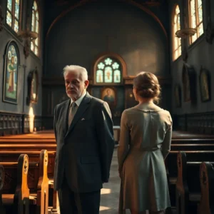 Solemn older man and younger woman stand apart in a dim, ornate church with stained glass and pews, visually suggesting tension and distance and evoking Toxic church marriages Georgia: shocking truths no one warns you about