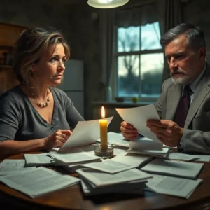 Stressed middle-aged couple examining piles of paperwork by candlelight while discussing urgent matters, Toxic marriage advice Illinois: what no one tells you