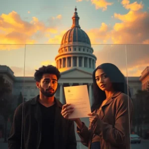 Two people hold a legal document before a domed government building at sunset evoking Toxic relationship laws in California: what they hide from you