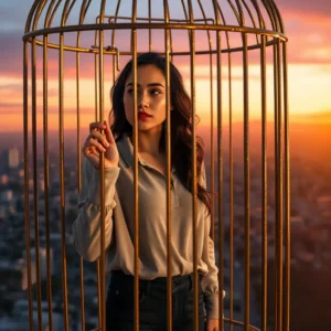 Woman standing inside a golden birdcage against a city sunset, a visual metaphor for Why marriage is a trap in California: shocking truths you must know.