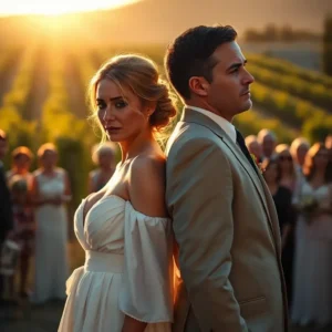 Bride and groom stand back-to-back at a sunset vineyard ceremony with tense expressions and blurred guests watching, Why weddings ruin relationships California: shocking truths revealed.