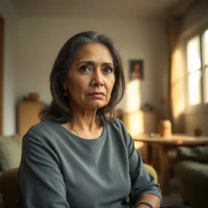 Middle-aged woman in a softly lit living room with a contemplative expression, suggesting Wife regrets arranged marriage usa story: the truth she never expected